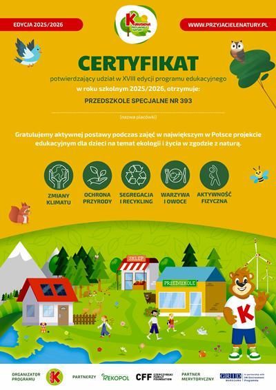 Certyfikat Kubusiowi Przyjaciele Natury